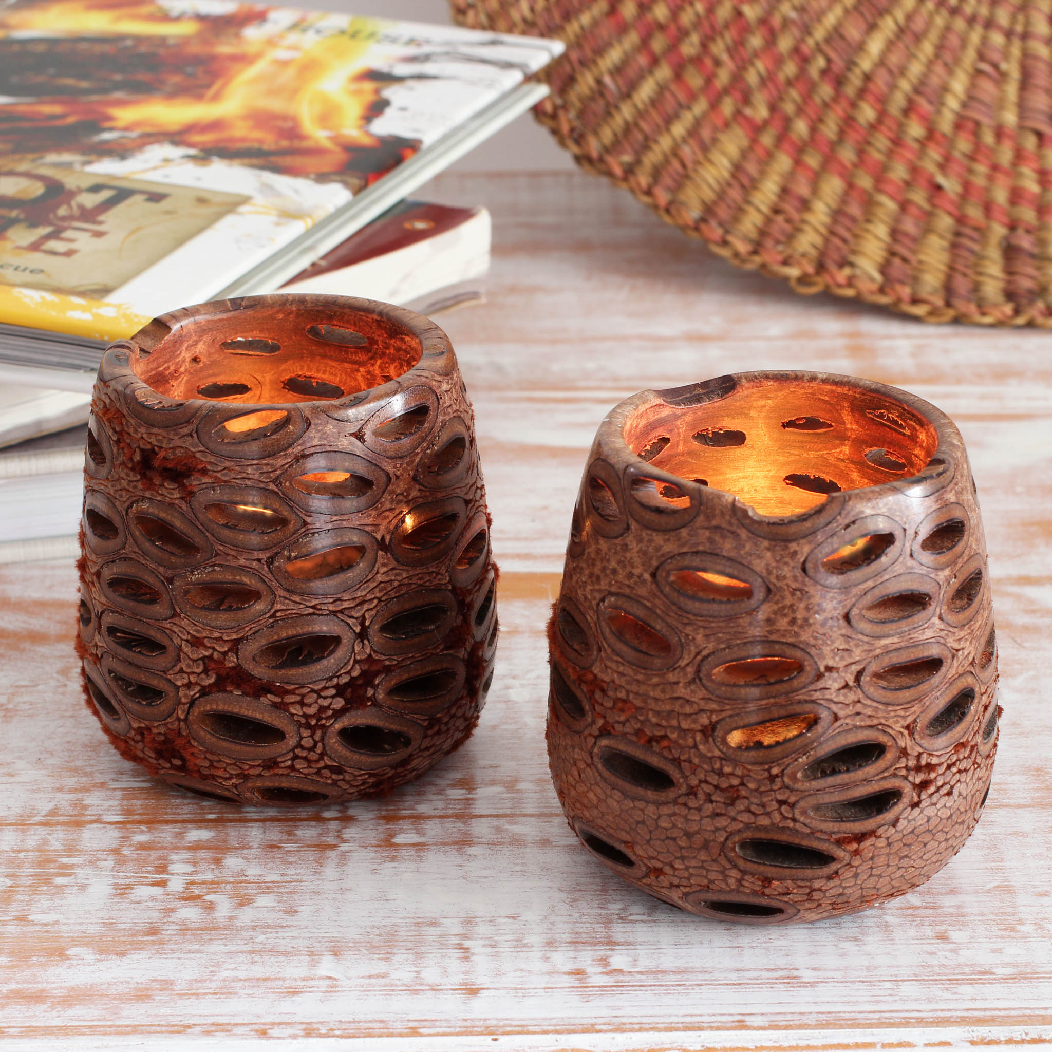 Boxed Pair of Banksia Nut Tea Light Candle Holders