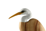 Closeup image of a Egret Head Down against a white surface