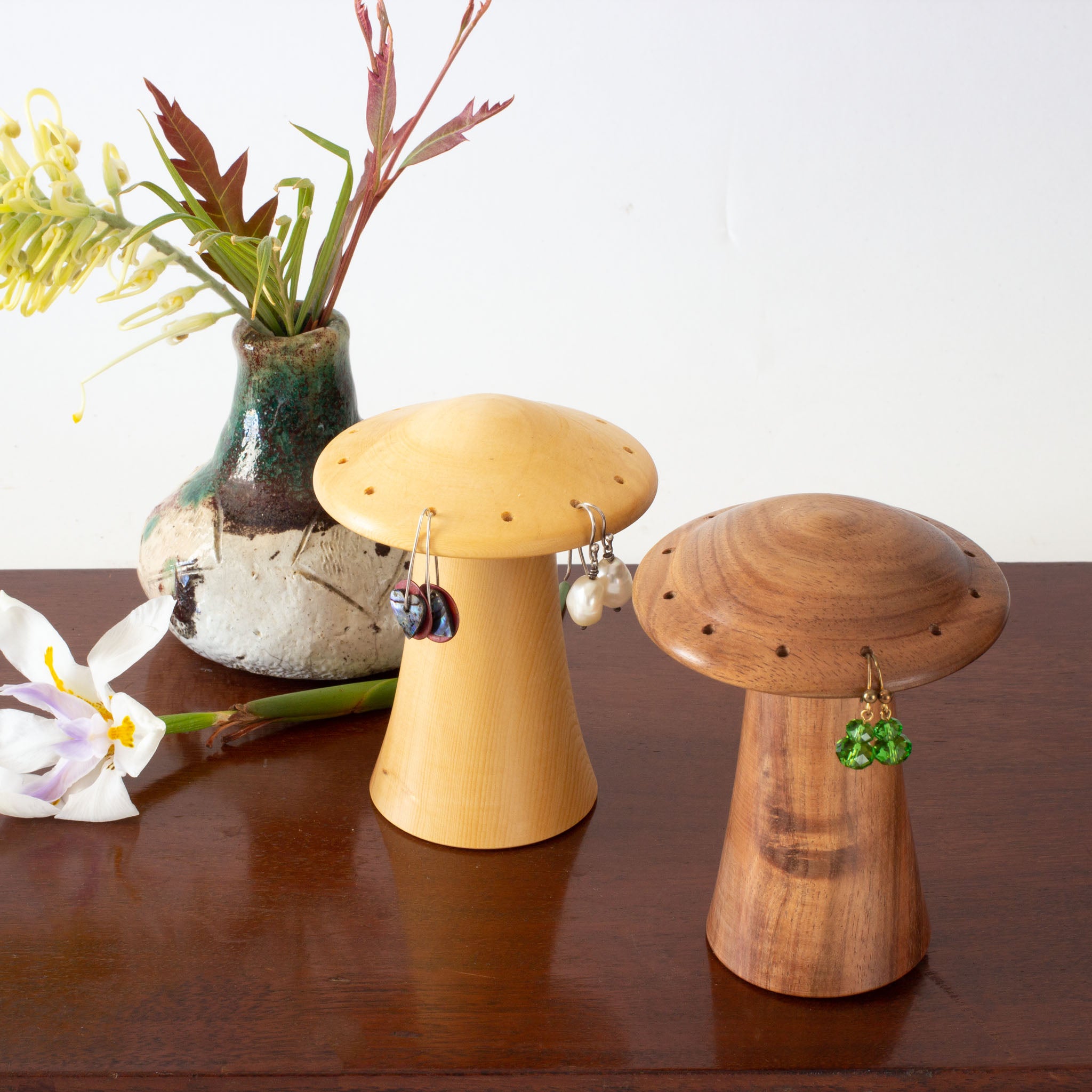 Wooden mushroom earring holder top
