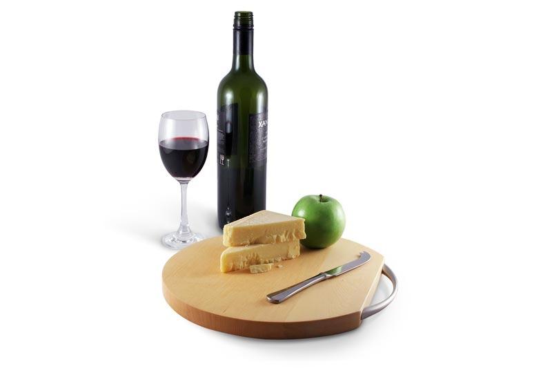 Round Huon Pine Cheese Board with wine and cheese