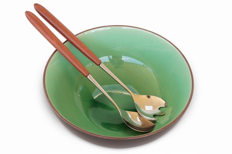 Redgum & Stainless Steel Salad Servers in a green bowl